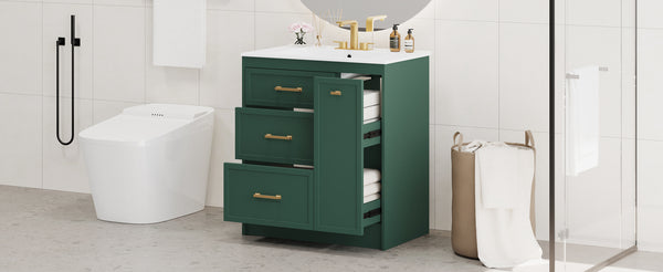 English Elm Classic 30" Forest Green Bathroom Vanity with Gold Handles, Double-Layer Drawer, Ceramic Sink Elegance N729P194978F