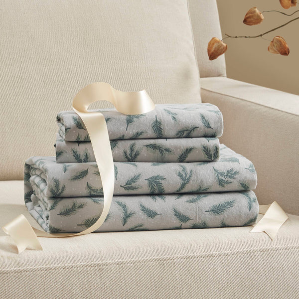 English Elm 4 Pieces Cozy 100% Cotton Flannel Sheet Set With Pine Branches Print For All-Season Comfort B035P381342