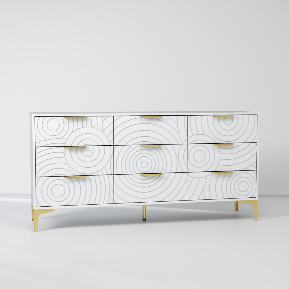 English Elm Modern Nine Drawer Wooden Dresser Wide Storage Chest for Bedroom or Entryway White B2770P494719