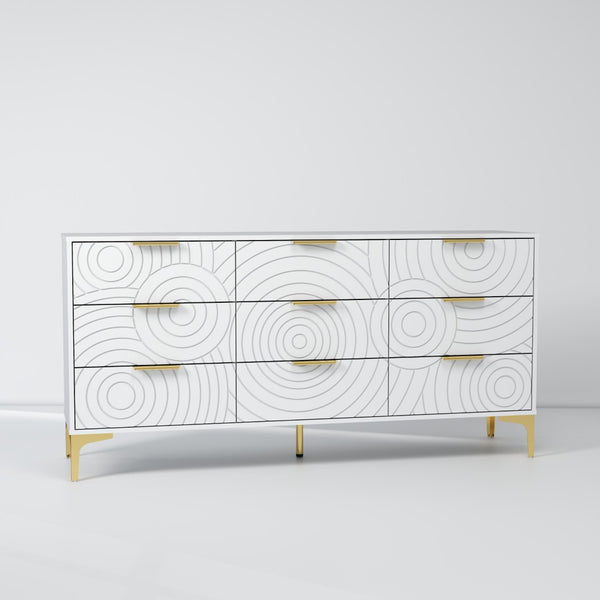 English Elm Modern Nine Drawer Wooden Dresser Wide Storage Chest for Bedroom or Entryway White B2770P494719