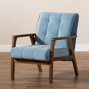 Baxton Studio Baxton Asta Mid-Century Modern Light Blue Velvet Armchair with Walnut Frame for Stylish Comfort TOGO-Light Blue Velvet/Walnut-CC