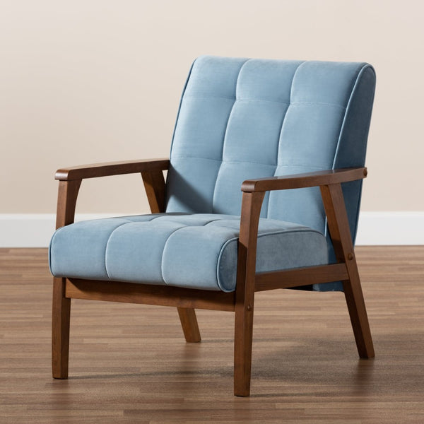 Baxton Studio Baxton Asta Mid-Century Modern Light Blue Velvet Armchair with Walnut Frame for Stylish Comfort TOGO-Light Blue Velvet/Walnut-CC