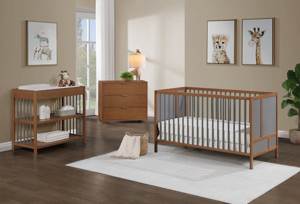 English Elm Pixie Mid-century Nursery Changing Table with Spindle Sides and Open Storage Shelves Walnut Brown B022P204854