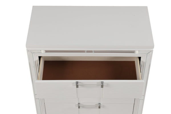 English Elm Genoa Five Drawer Chest Art Deco White Lacquer Mirror Trim Chrome Bedroom Storage B078P497936