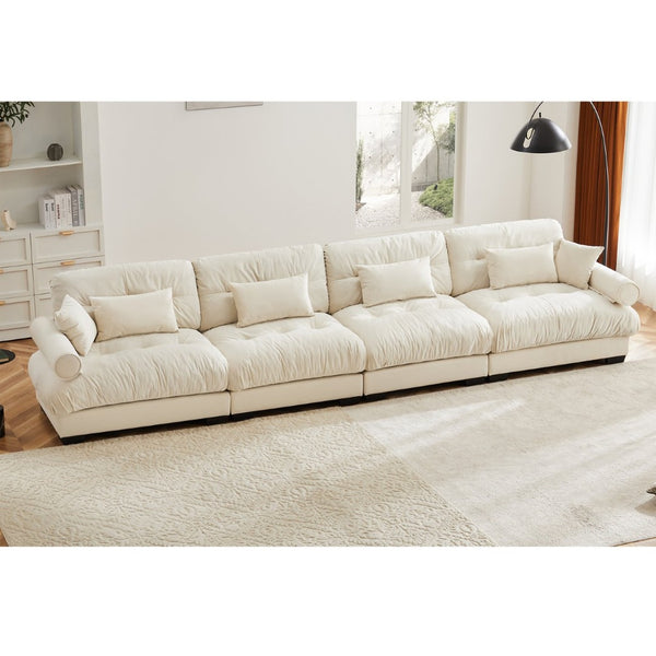 English Elm Super Comfort Modular Velvet Sectional Sofa With Movable Ottoman – Cloud-Like Deep Seat Couch In Cream W714S01074-GIGA