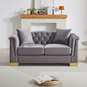 English Elm {video] Chesterfield Two-seater Velvet Sofa with Nailhead Trim and Tufted Gold Leg Luxury Grey W1926S00105
