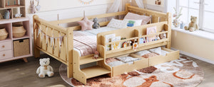 English Elm Twin Pine Floor Bed with Guardrails Built-in Bookcases and Stair Steps for Kids Light Natural W1580P430201