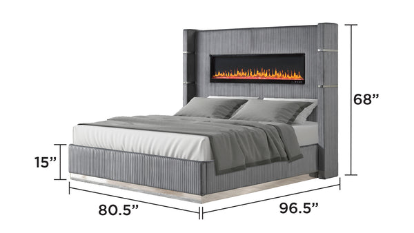 English Elm Lizelle King Bed Gray Velvet with Ambient Fireplace Display, USB, Bluetooth Speakers, Remote Control G150108994