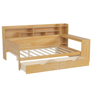 English Elm Wooden Full Size Daybed with Built-In Desk, Side Shelves and Dual Drawers for Organized Living Natural 70 L x 18.6 W x 5.5 H N733S241486M