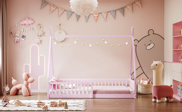 English Elm Twin House Bed with Roof and Fence for Kids – Sturdy Pine Frame, Vintage Wash Design, Safe Sleep Space Pink N709P183348H