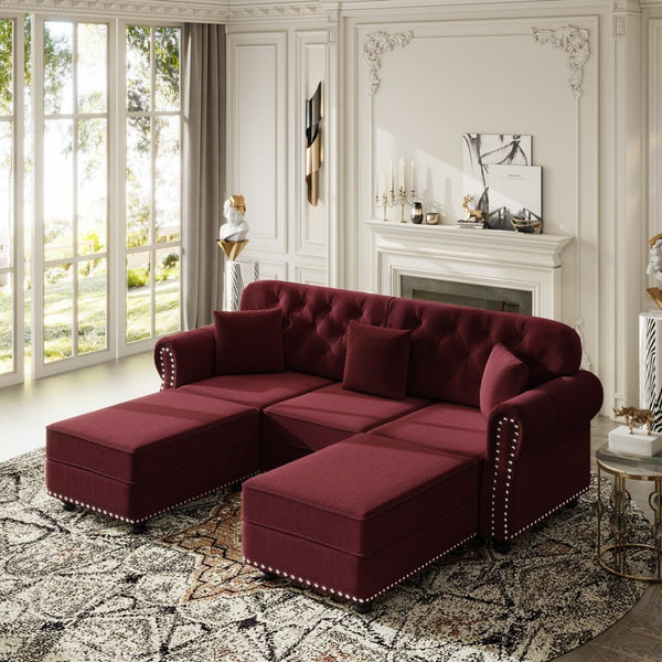 English Elm 82.6"upholstered Velvet Chesterfield Sofa Button Tufted Nailhead Mid-century Living Room Burgundy W1885S00384