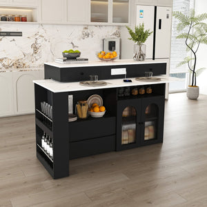English Elm Kitchen Island Marble Veneer Retro Style Rotating Expandable Top Built-in Outlets Mdf Black W2700S00119