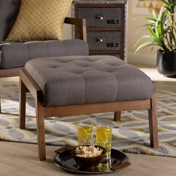 Baxton Studio Baxton Naeva Mid-Century Modern Grey Upholstered Footstool with Walnut Legs for Style & Comfort BBT8040-Grey/Walnut-Footstool