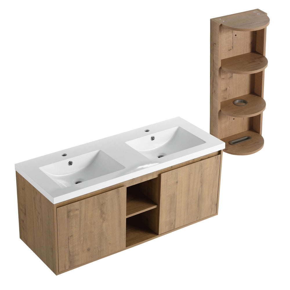 English Elm 48" Wall-Mounted Bathroom Vanity With Double Sink, Soft-Close Doors & Storage Rack For Modern Homes W999S00346