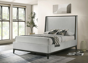 English Elm 1pc Queen Wingback Upholstered Platform Bed Gray Rubberwood Frame No Box Spring B2741S00949