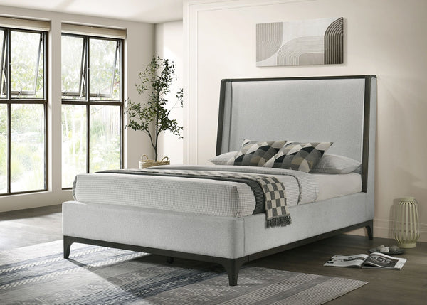 English Elm 1pc Queen Wingback Upholstered Platform Bed Gray Rubberwood Frame No Box Spring B2741S00949