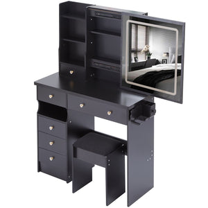 English Elm 37" Vanity Table Set with Led Mirror Stool Built-in Outlets and Hair Dryer Storage Black W3258P448840