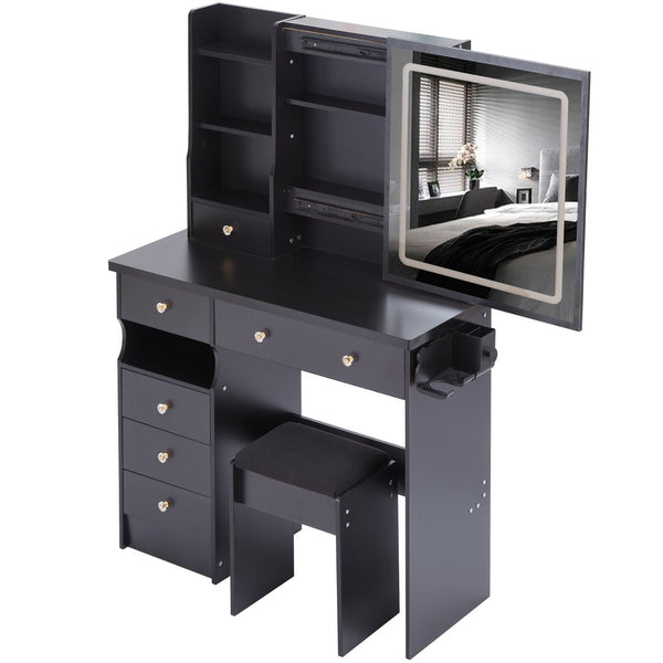 English Elm 37" Vanity Table Set with Led Mirror Stool Built-in Outlets and Hair Dryer Storage Black W3258P448840