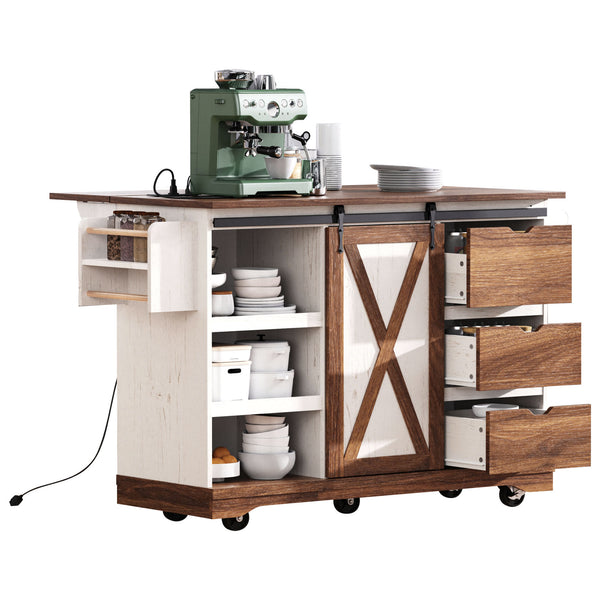 English Elm K&K 55.5" Farmhouse Kitchen Island with Sliding Barn Door, Drop Leaf, Charging Station, Wheels White N707P288229W