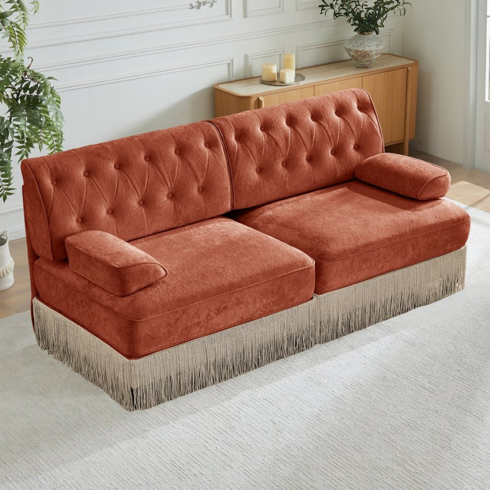 English Elm Soft Velvet Chesterfield Sectional Sofa Tufted Tassel Fringe Skirt Modular Living Room Red+Brown W714S01718