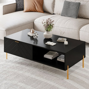 English Elm Mid-century Modern Coffee Table with Dual Drawers Tapered Legs and Open Storage Shelf Black T3609P482850