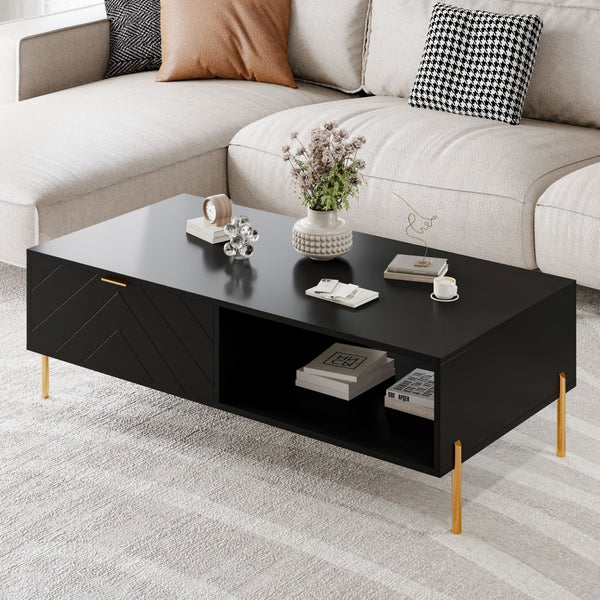 English Elm Mid-century Modern Coffee Table with Dual Drawers Tapered Legs and Open Storage Shelf Black T3609P482850