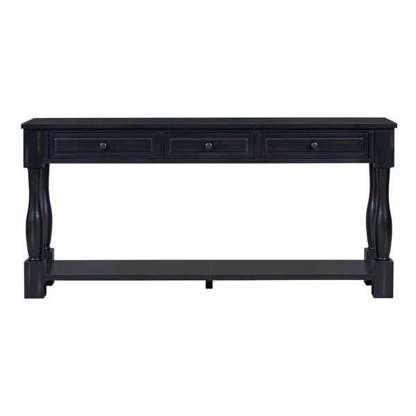 English Elm Trexm Distressed Entryway Console Table Three Drawers Open Shelf Mediterranean Wood Espresso N715P372052B