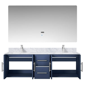 English Elm Navy Blue Double Bath Vanity Set With Carrara Marble Top, Led Mirror & Faucet For Modern Elegance B2731S00988
