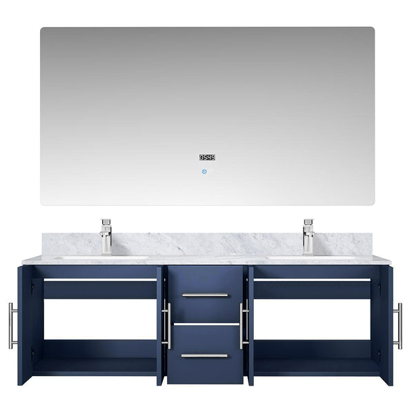English Elm Navy Blue Double Bath Vanity Set With Carrara Marble Top, Led Mirror & Faucet For Modern Elegance B2731S00988