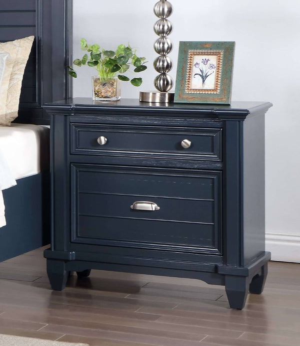 English Elm Transitional Slate Blue Nightstand Solid Wood Nickel Hardware Molded Drawer Bedroom B2741P435911