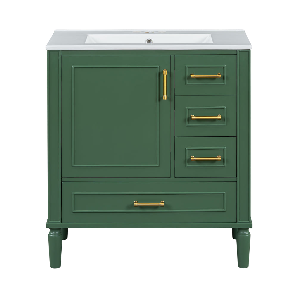 English Elm Traditional 30" Bathroom Vanity with Ceramic Basin, Soft-Close Door & Drawers, Gold Handles, Durable Wood Finish Green N729P184479F