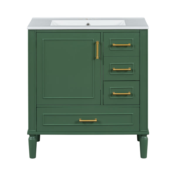 English Elm Traditional 30" Bathroom Vanity with Ceramic Basin, Soft-Close Door & Drawers, Gold Handles, Durable Wood Finish Green N729P184479F