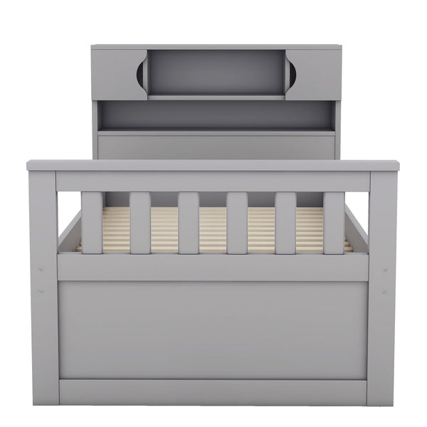 English Elm Twin Captain Platform Bed Frame with Built-In Bookcase, Four Drawers & Slat Support for Storage Gray GX001828AAE