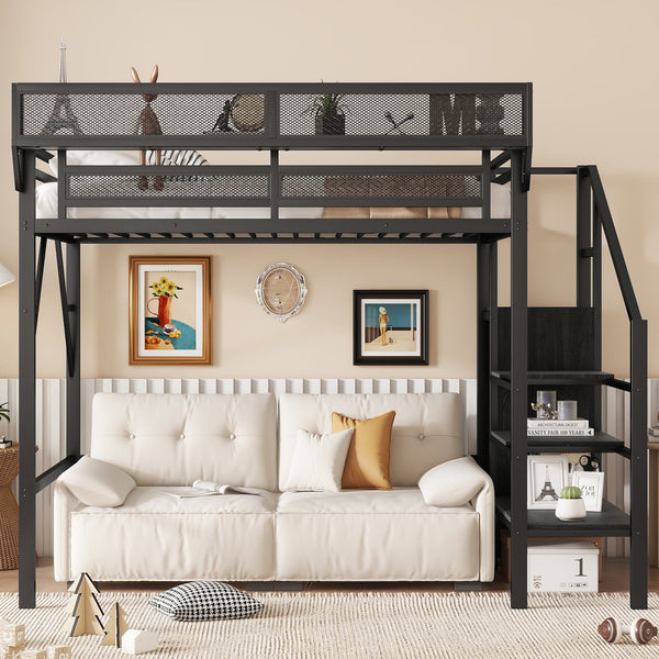 English Elm Twin Twin Size Loft Bed with Stairs and Built-In Shelves, Metal High Loft with Wardrobe for Kids Teens Black W2580S00035