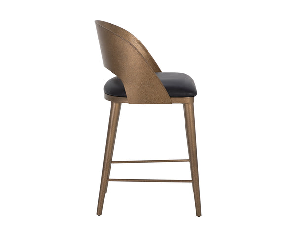 Sunpan Dezirae Barstool - Stylish Curved Back Design with Genuine Leather Seat and Unique Craftsmanship Antique Brass / Charcoal Black Leather