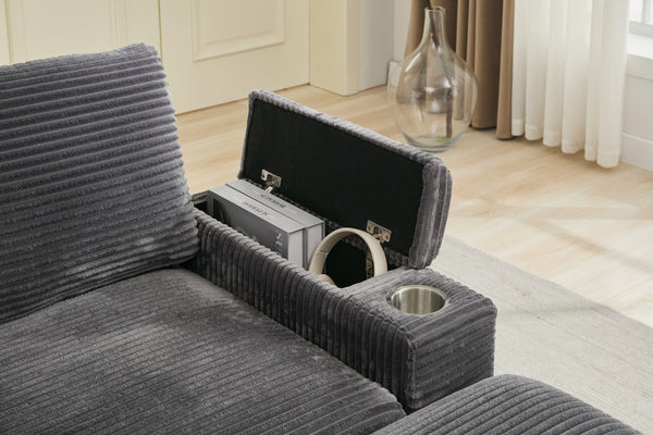 English Elm Corduroy Upholstered Chaise Lounge Sofa with Movable Ottoman, Cup Holder, Deep Seat Comfort Grey W2120S00007