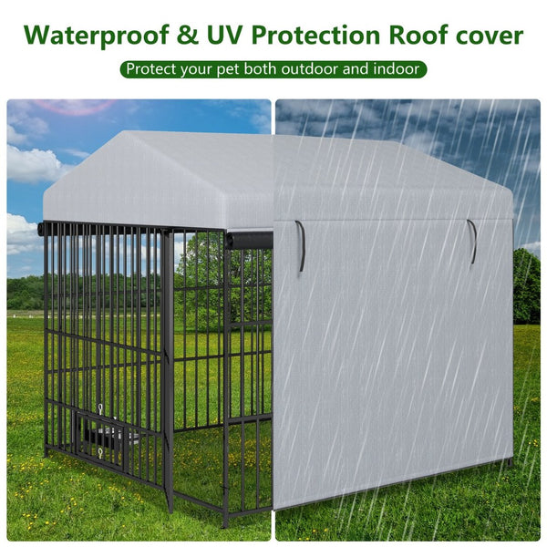 English Elm Large Outdoor Dog Kennel Heavy Duty Iron Run with Waterproof Canopy and Feeding Bowls W1820P321938
