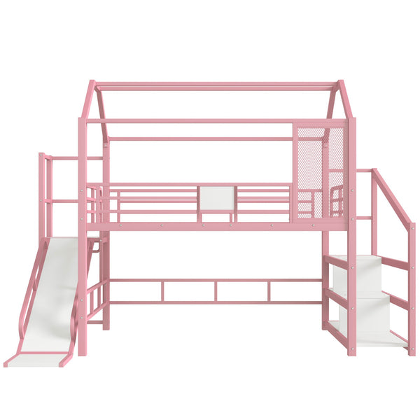 English Elm Full Full House Loft bed with Slide and Stairs, Metal House Play Loft with Storage Shelves and Quiet Design Pink W1580S00351