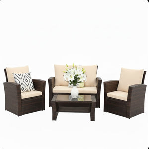 English Elm 4-piece Outdoor Wicker Conversation Set with Tempered Glass Table and Resort Style Brown B082S00060