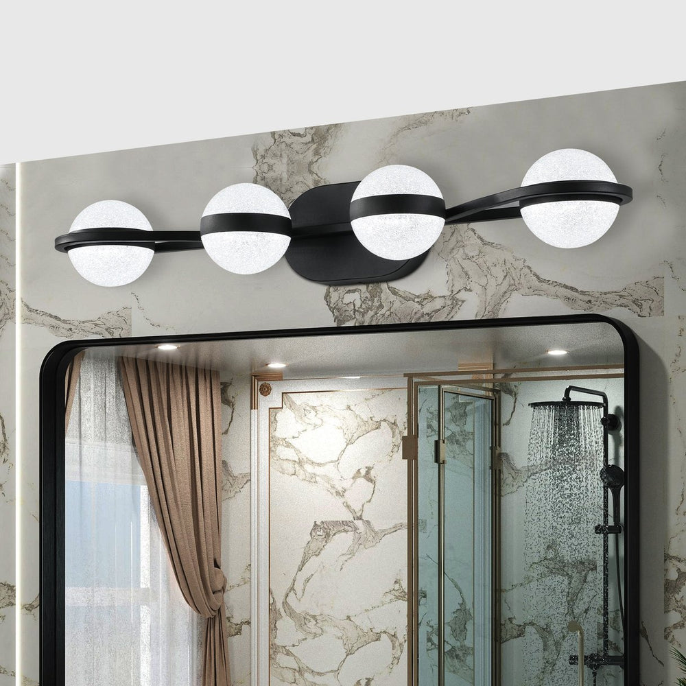 English Elm 30" Black Minimalist LED Bathroom Vanity Light with Crystal Sand Shades, 4-Light Mid-Century Modern Fixture, Energy-Saving LED Glam W2312P374863