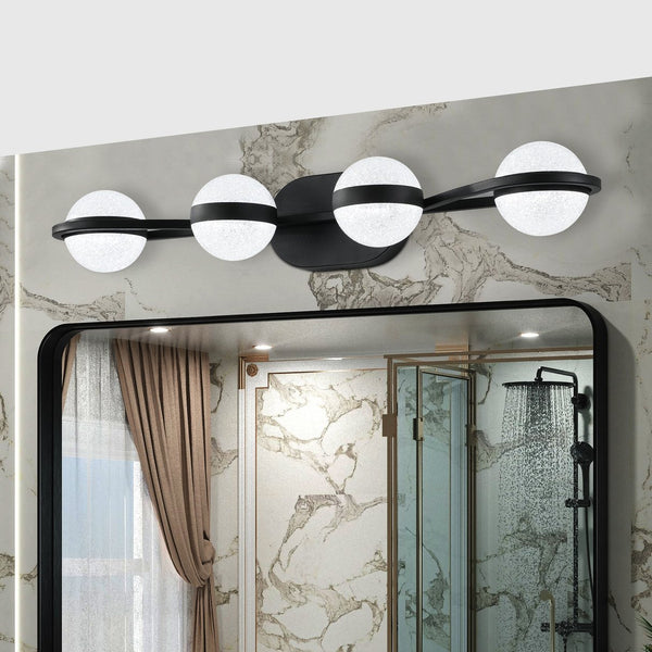 English Elm 30" Black Minimalist LED Bathroom Vanity Light with Crystal Sand Shades, 4-Light Mid-Century Modern Fixture, Energy-Saving LED Glam W2312P374863