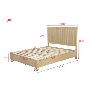 English Elm Queen Fluted Wood Platform Bed with Round Feet, Light Oak Finish—Modern Minimalist, Sculptural Warmth B011S01966