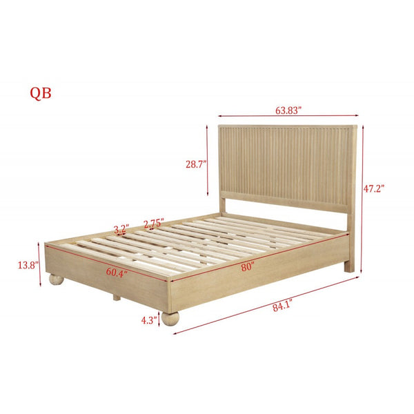 English Elm Queen Fluted Wood Platform Bed with Round Feet, Light Oak Finish—Modern Minimalist, Sculptural Warmth B011S01966