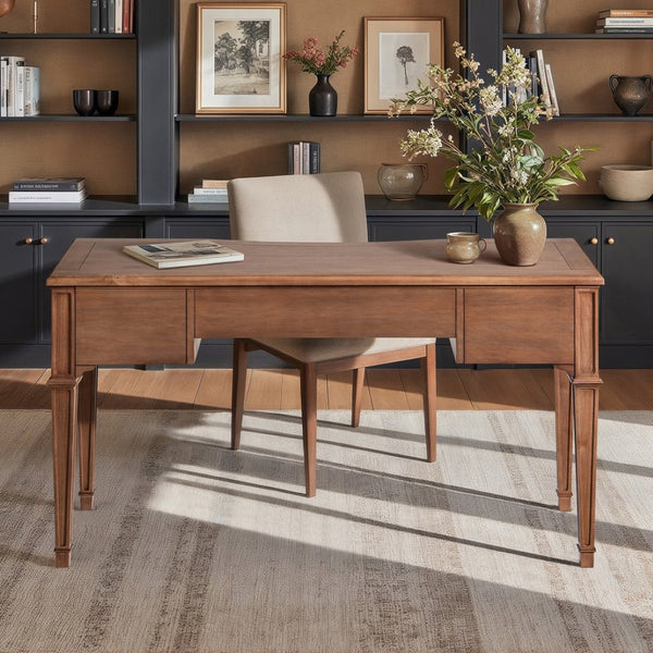 English Elm Dauphin Rubberwood Executive Desk with Soft Close Drawers and Satin Gold Hardware B2719P468876