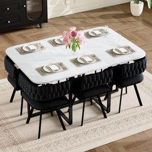 English Elm 7-piece Dining Set Tufted Velvet Chairs Melamine Table Modern Farmhouse Kitchen Black,White W3875S00118