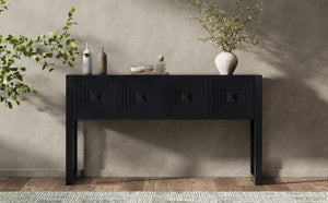English Elm [video] Art Deco Console Table Geometric Carved Fronts Fluted Legs 3 Soft-close Drawers Black N759P433572B