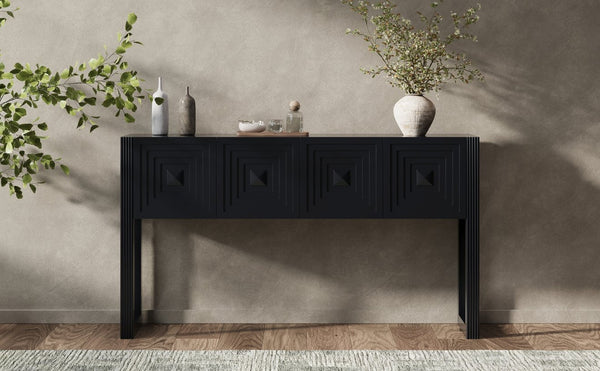 English Elm [video] Art Deco Console Table Geometric Carved Fronts Fluted Legs 3 Soft-close Drawers Black N759P433572B