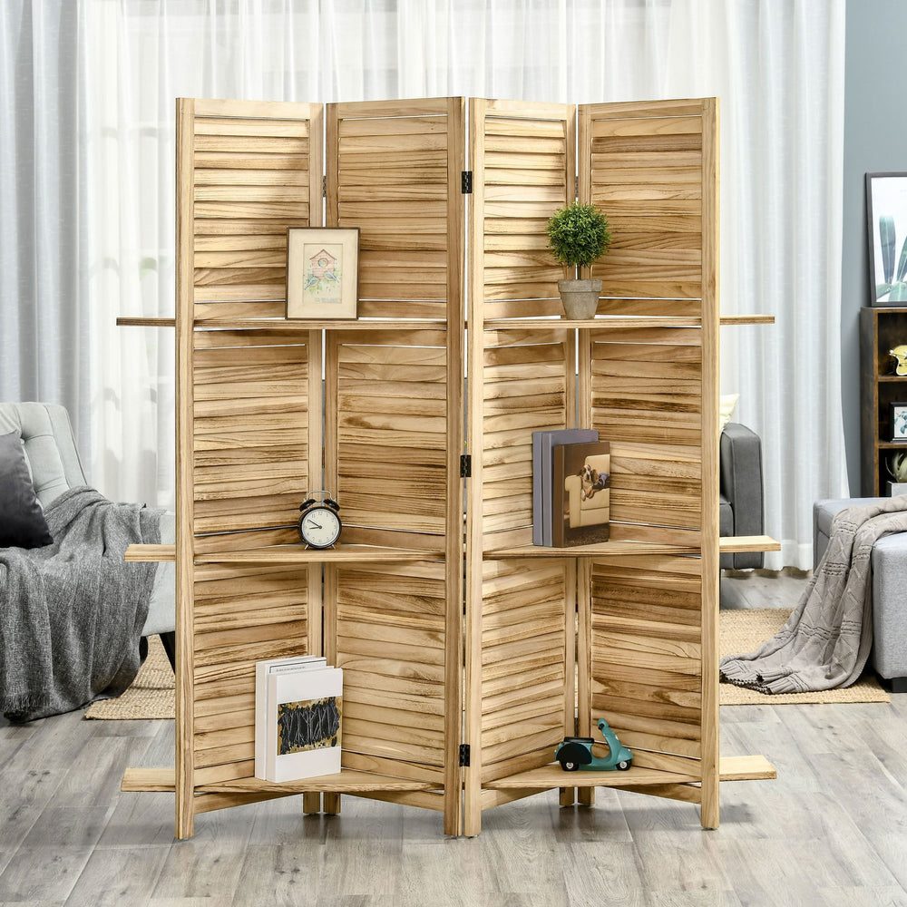 English Elm Homcom 4-Panel Folding Room Divider With Storage Shelves – Rustic Privacy Screen For Home & Office W2225P217279