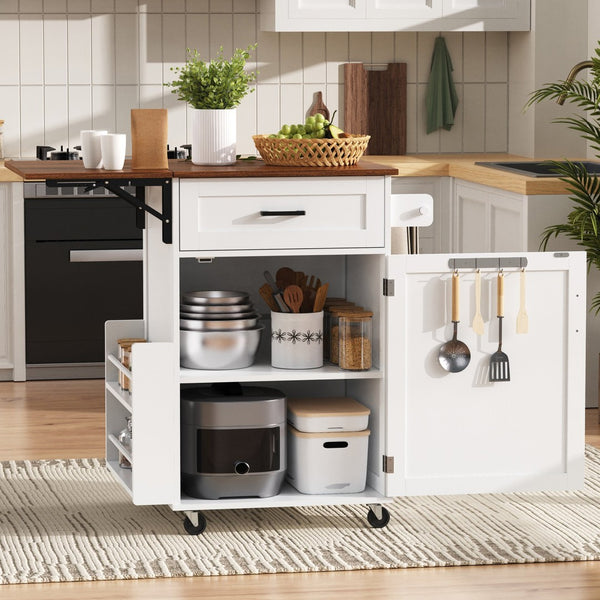 English Elm K&k Farmhouse Rolling Kitchen Cart with Drop Leaf Drawer Open Rack Lockable Wheels White N707P404539W