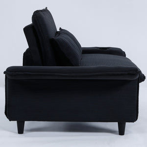 English Elm 65.74-inch convertible letter sofa bed with adjustable armrests, pull-out extension, cup holders, durable frame and plush sponge cushions Black W3371P311476